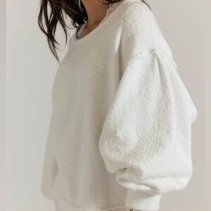 Free People Cream Oversized Crew Neck Cotton Sweater